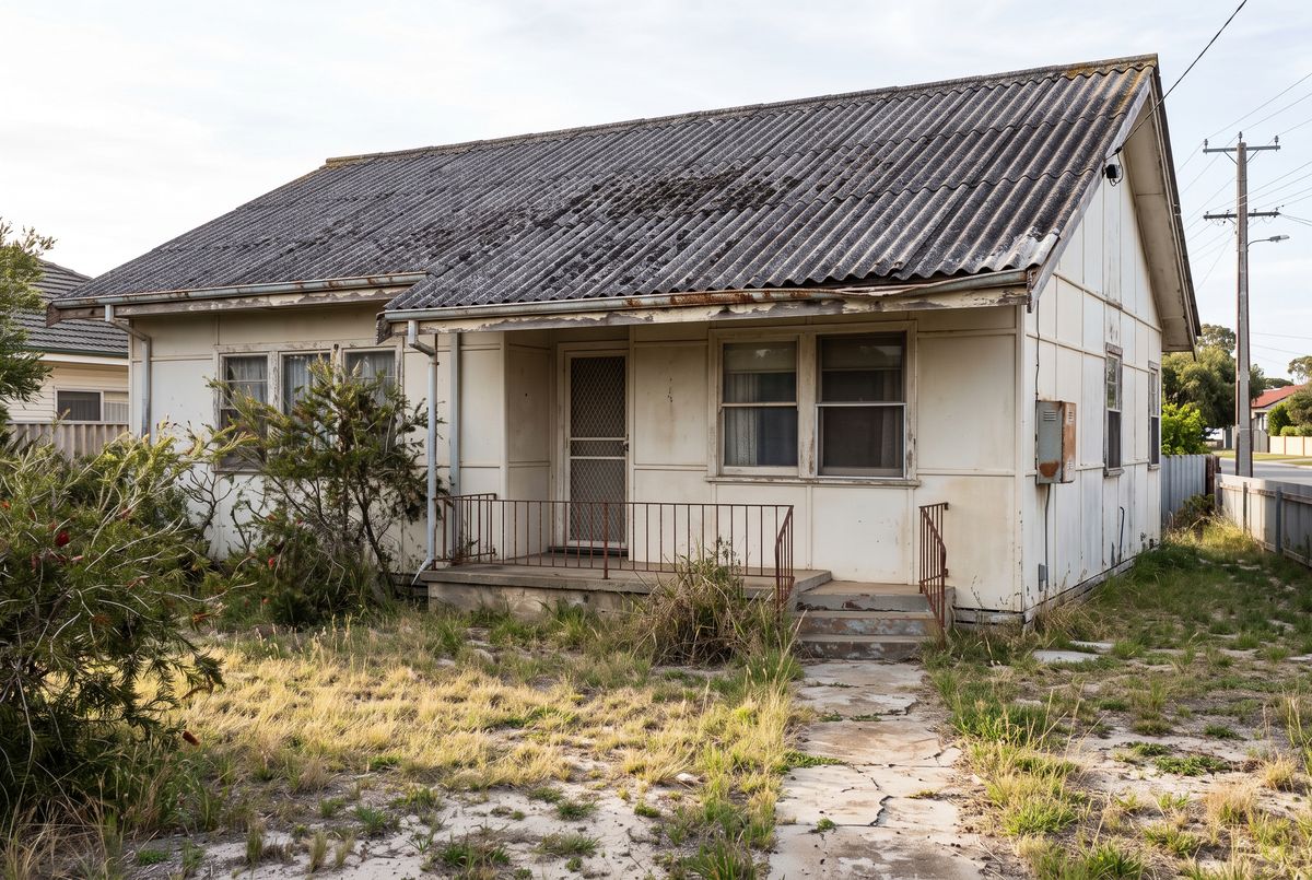 Older Perth house with a weathered corrugated asbestos-cement roof covered in lichen