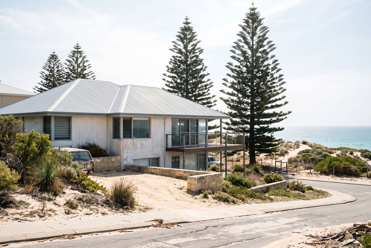 Coastal Perth home with a light steel roof, Norfolk Island pines and the ocean behind