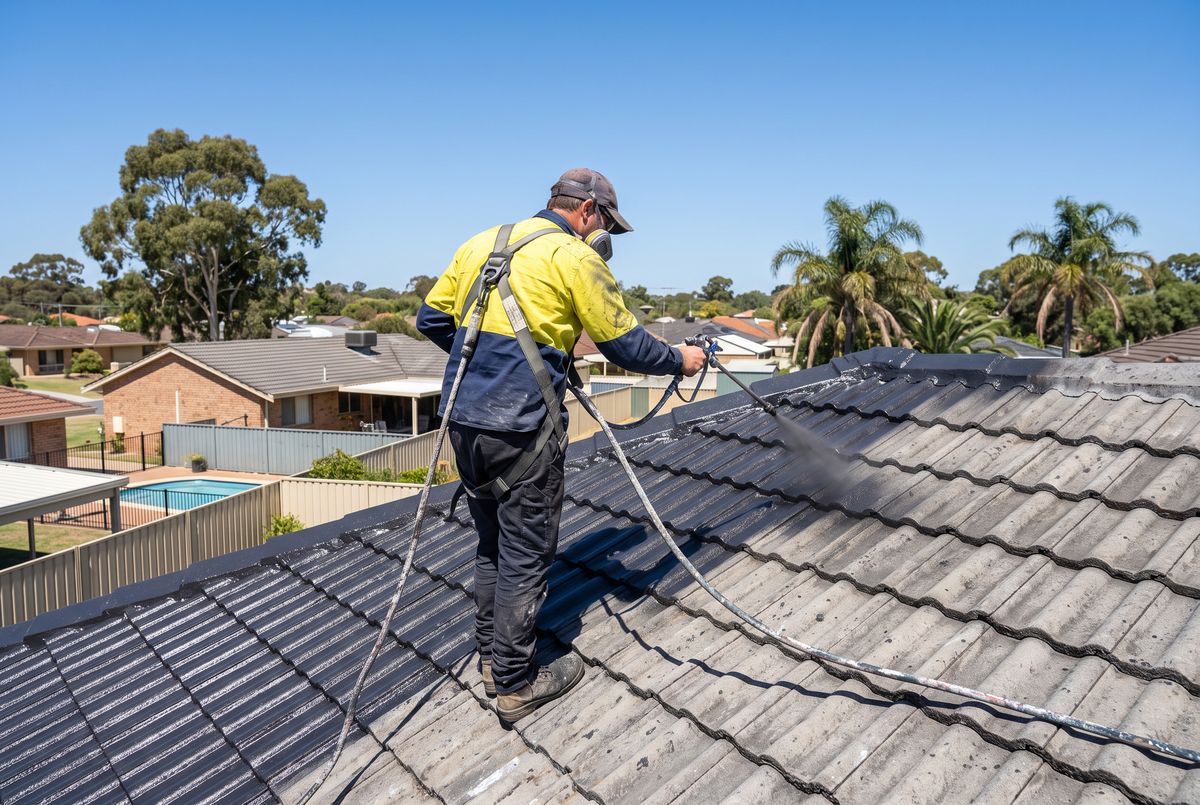 Roofer spray-applying a charcoal coating to concrete roof tiles