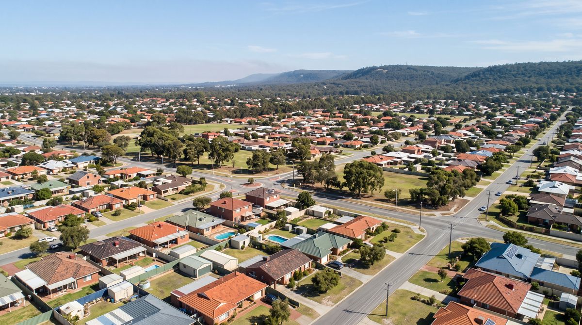 Aerial view across Perth's eastern suburbs toward the Darling Scarp
