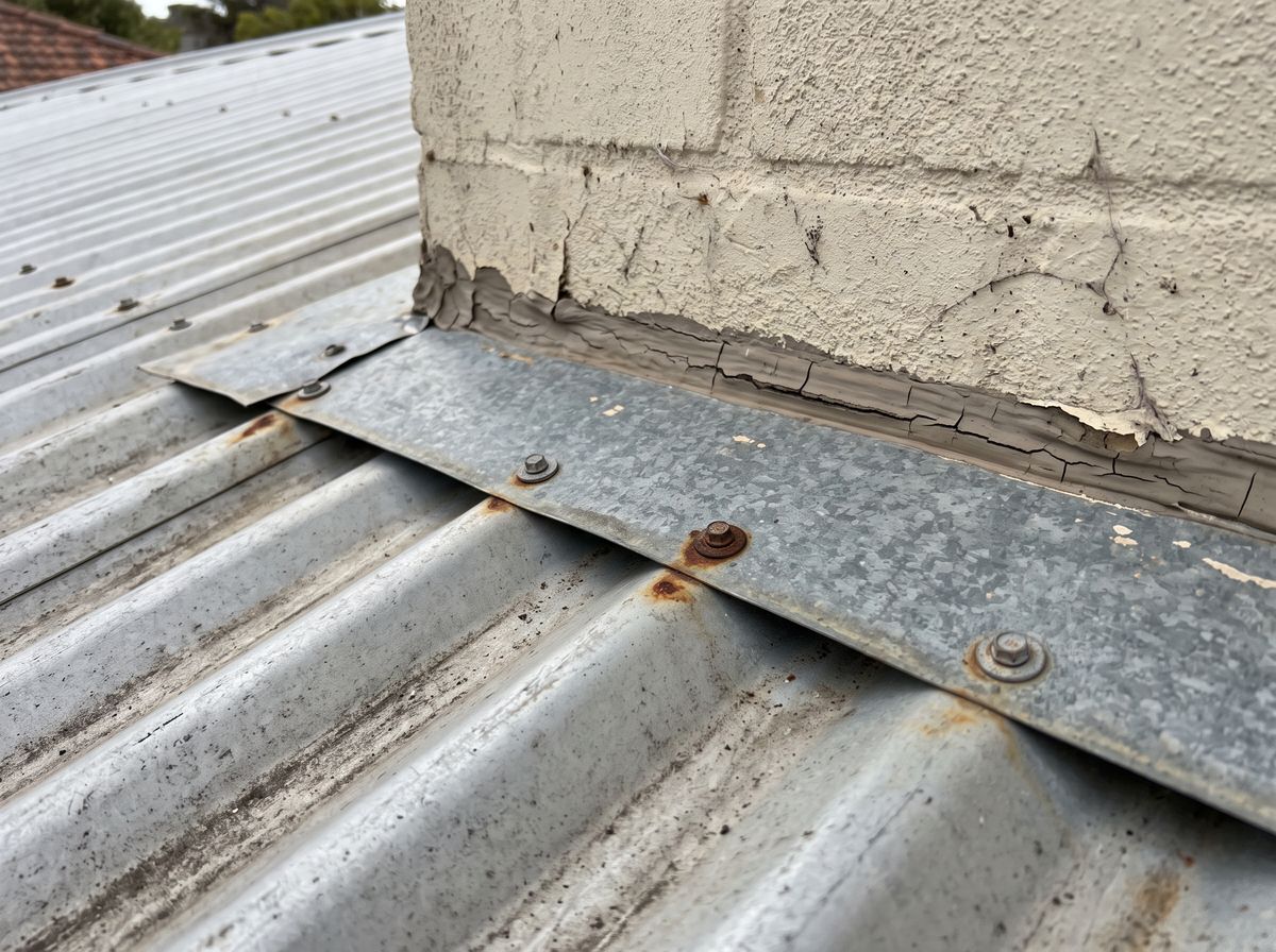Close-up of a roof flashing against a rendered wall with cracked sealant and lifted edge
