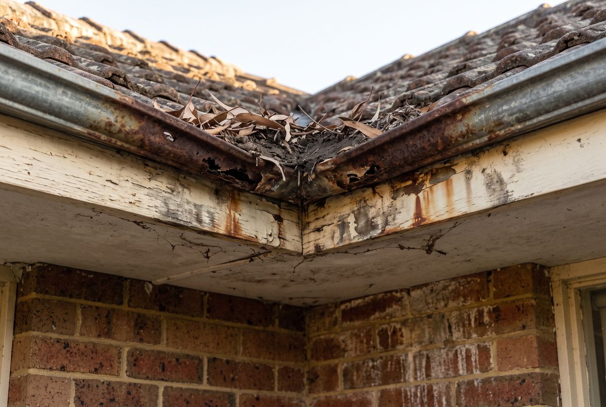 Rusted, sagging quad gutter full of leaves beneath a tiled roof