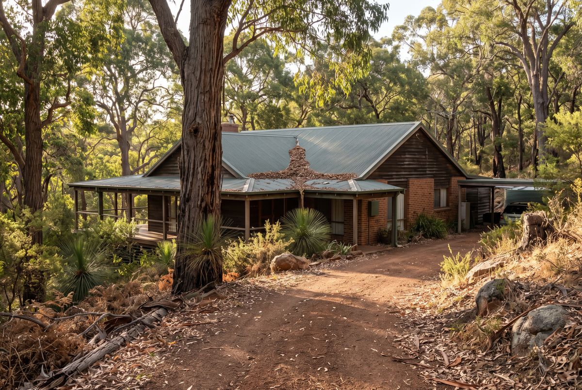 Perth Hills home with a steel roof among tall eucalyptus trees and leaves in the gutters
