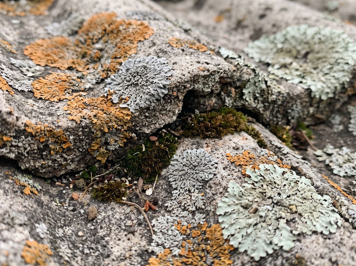 Close-up of lichen and moss growing on concrete roof tiles