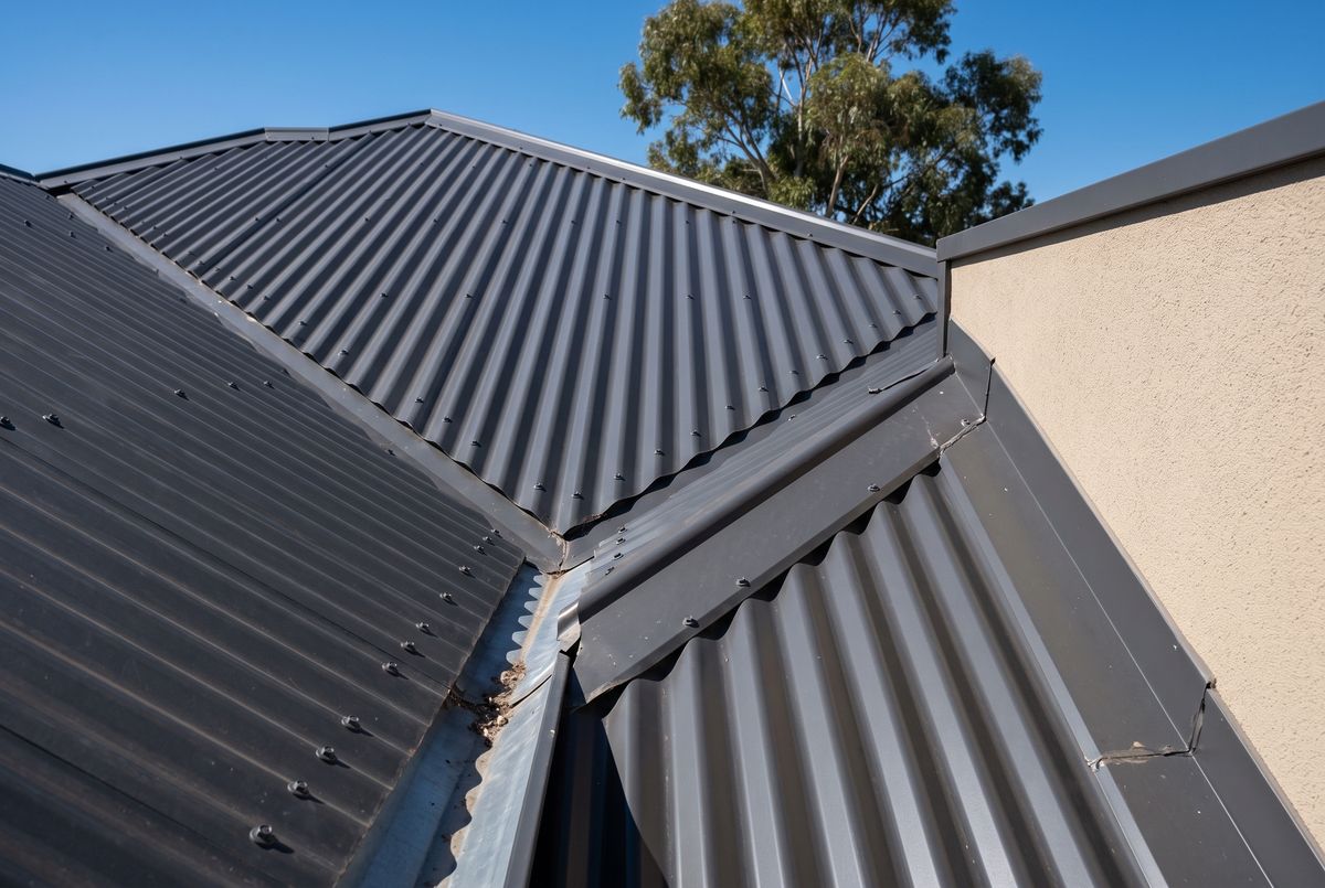 Dark grey corrugated steel roof on a Perth home showing sheets, screws, ridge capping, a valley and wall flashing