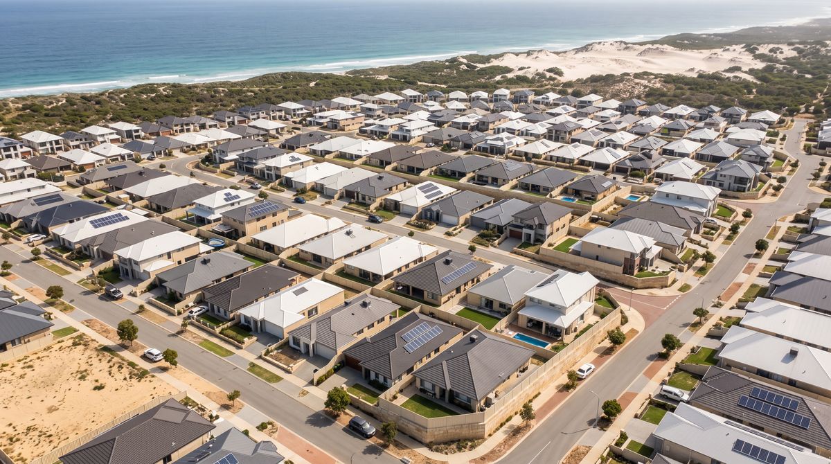 Aerial view of a Perth northern-suburbs estate with tile and steel roofs near the coast