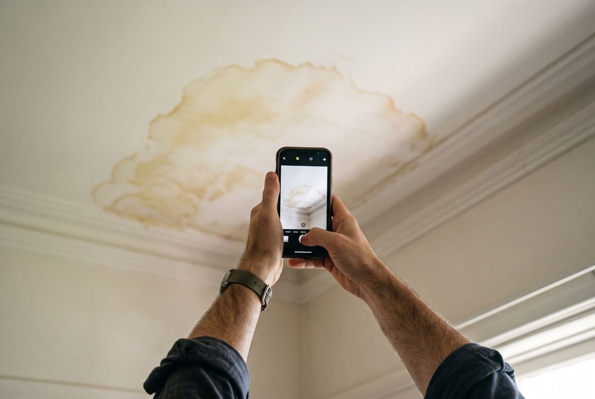 Hands photographing a ceiling water stain with a phone