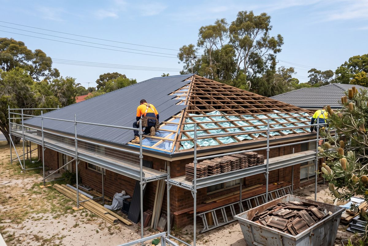 Roof replacement in progress, with new steel sheets on one side and exposed framing and sarking on the other