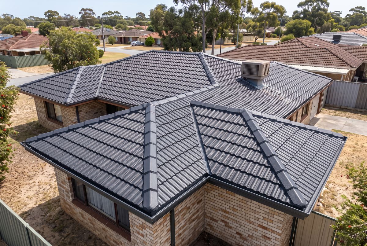 The same roof shown cleaned, repointed and evenly coated in charcoal (illustrative)