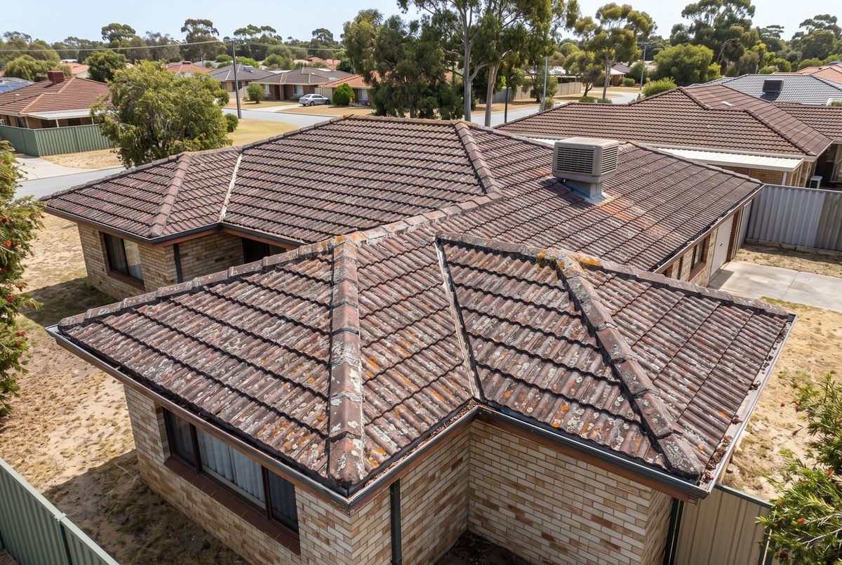Faded, lichen-covered concrete-tile roof before any work