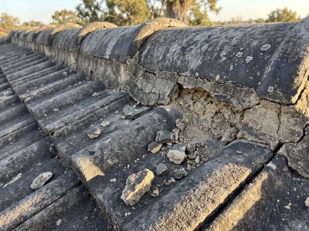 Ridge capping on a concrete-tile roof with cracked and missing mortar pointing