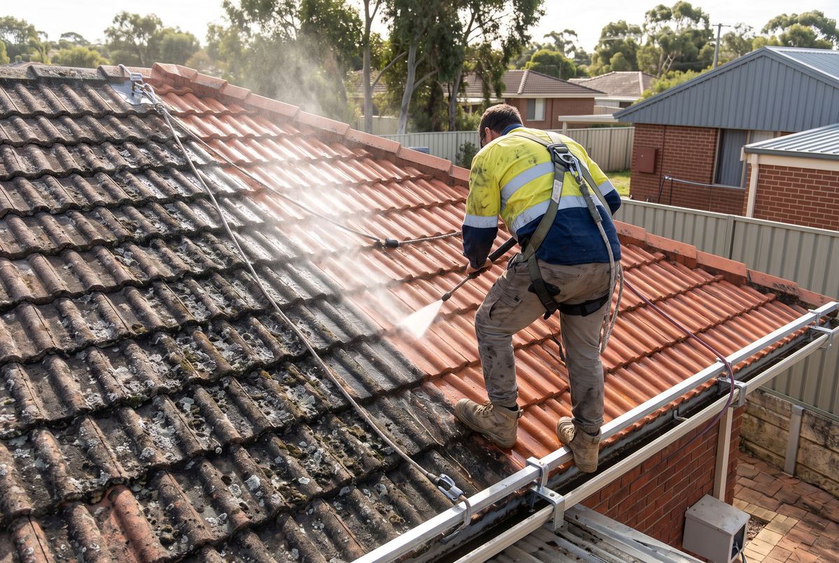 Roofer in a harness pressure cleaning a concrete-tile roof, leaving a clean stripe