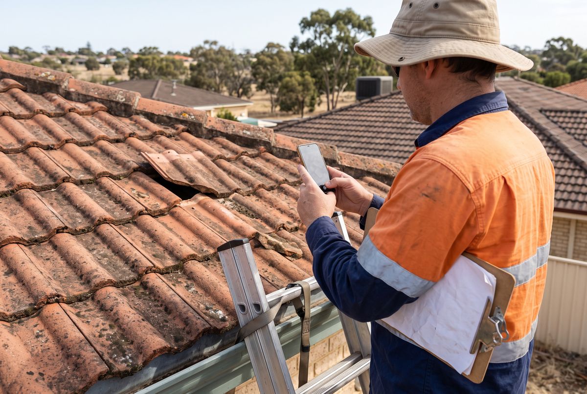 Roof inspector on a ladder at the gutter line photographing a cracked roof tile
