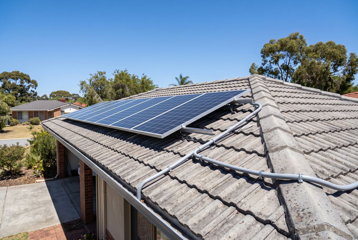 Rooftop solar panels mounted on a grey concrete-tile roof