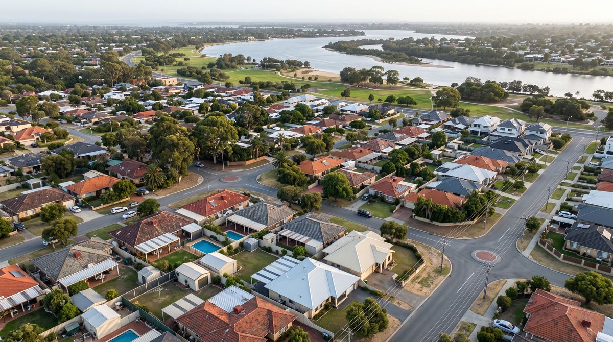 Aerial view of established southern Perth suburbs with mixed tile and steel roofs