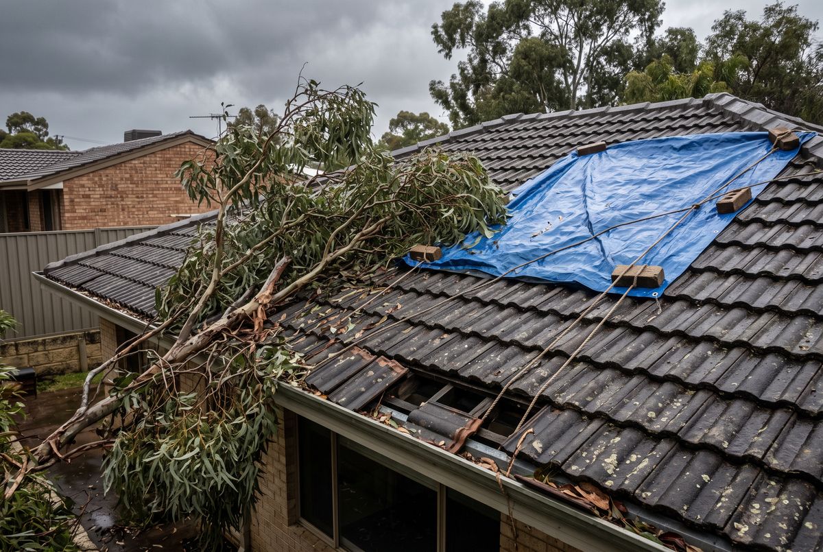 Storm-damaged tile roof with a fallen branch, broken tiles and a temporary blue tarp