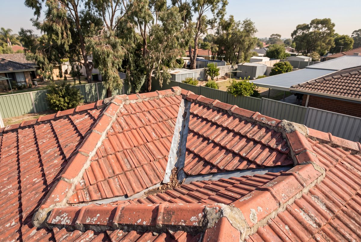 Faded red concrete-tile roof on a Perth home seen from above, showing ridges, hips and a valley