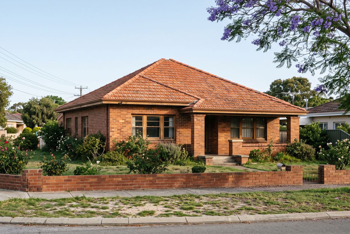 1950s Perth bungalow with an aged orange terracotta tile roof and terracotta ridge capping