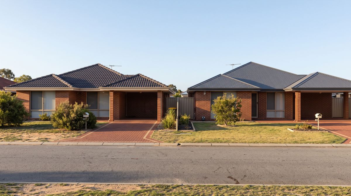 Two neighbouring Perth homes, one with a concrete-tile roof and one with a steel roof