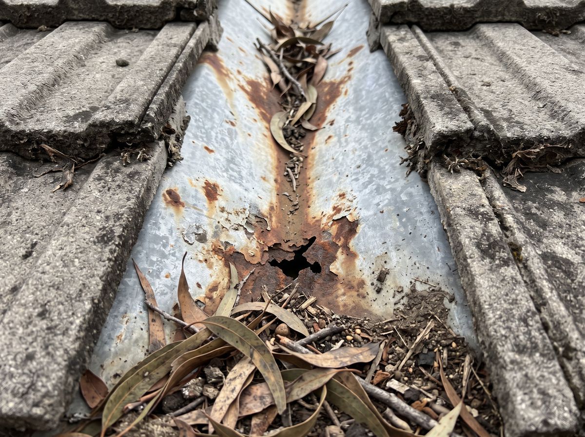 Rusted roof valley iron between concrete tiles with leaf debris